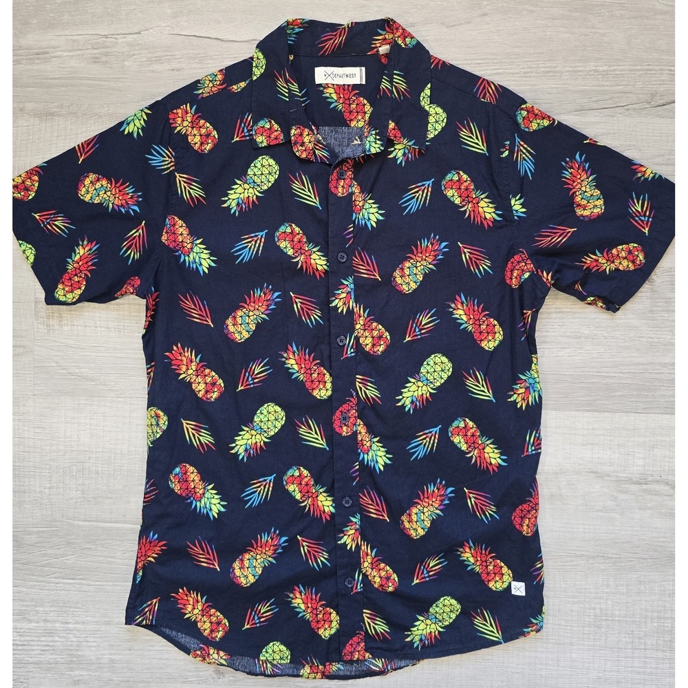 Departwest Pineapple Print Hawaiian Shirt Men's Medium Blue Tropical Button Up
